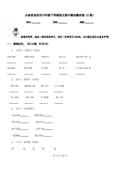 云南省昆明市六年级下学期语文期中测试题试卷(C卷)