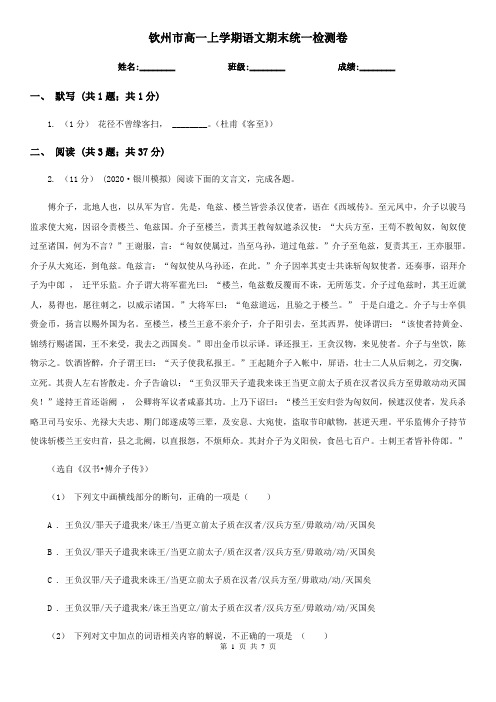 钦州市高一上学期语文期末统一检测卷