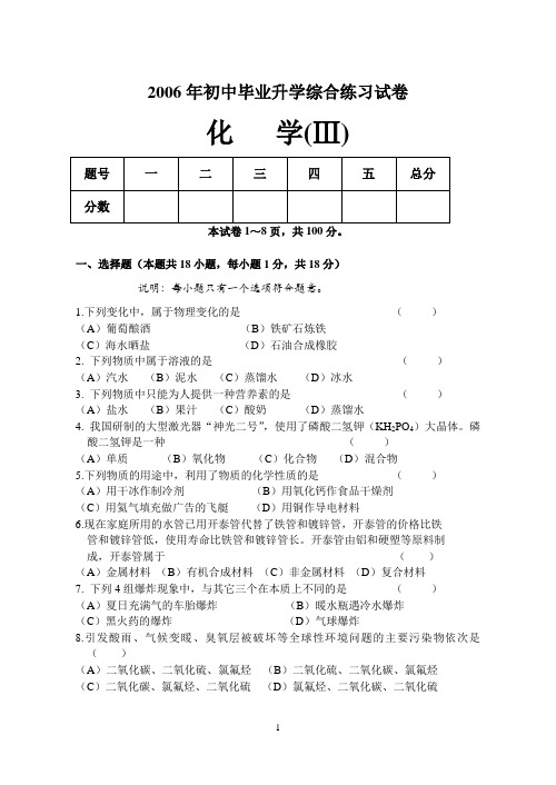 2006年初中毕业升学综合练习试卷化   学(Ⅲ)