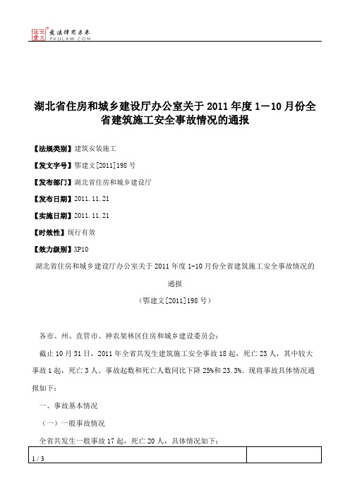 湖北省住房和城乡建设厅办公室关于2011年度1―10月份全省建筑施工