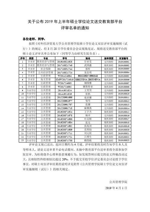 关于公布2019年上半年硕士学位论文送交教育部平台