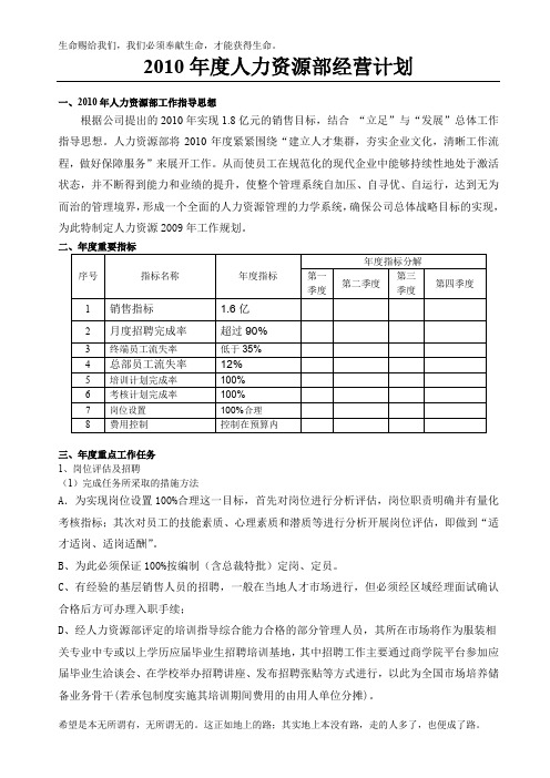 2010年度人力资源部经营计划(1)