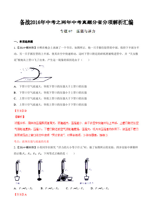 专题07 压强和浮力(湖南、江西版)-备战2016年中考之两年中考物理真题分省分项解析汇编(解析版)