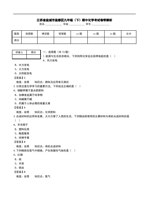 江苏省盐城市盐都区九年级(下)期中化学考试卷带解析.doc