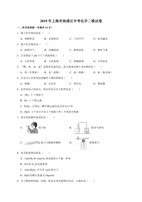 2019年上海市杨浦区中考化学二模考试试卷（解析版）