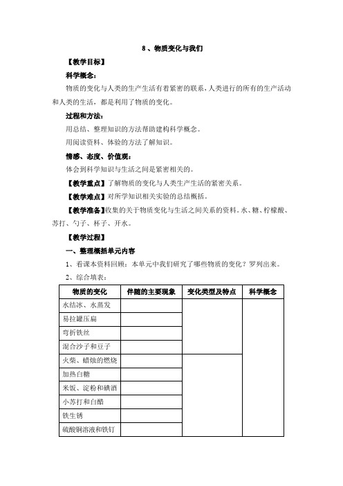 教科版科学六下2.8《物质变化与我们》Word教案