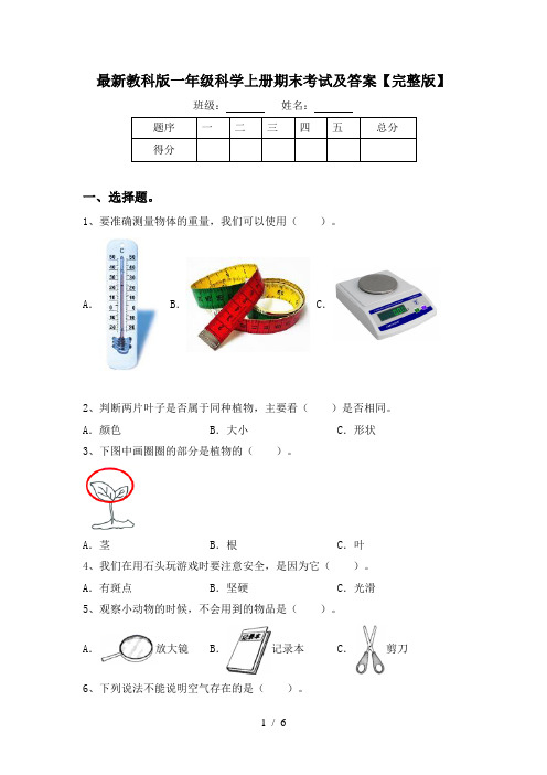 最新教科版一年级科学上册期末考试及答案【完整版】