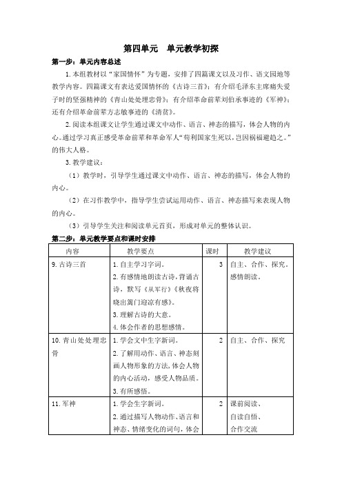 最新人教版部编版五年级语文下册第四单元教学初探(含单元内容总述+教学要点+课时安排)