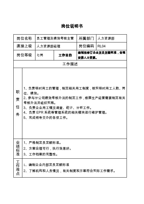 岗位说明书-rl0-员工管理及绩效考核主管