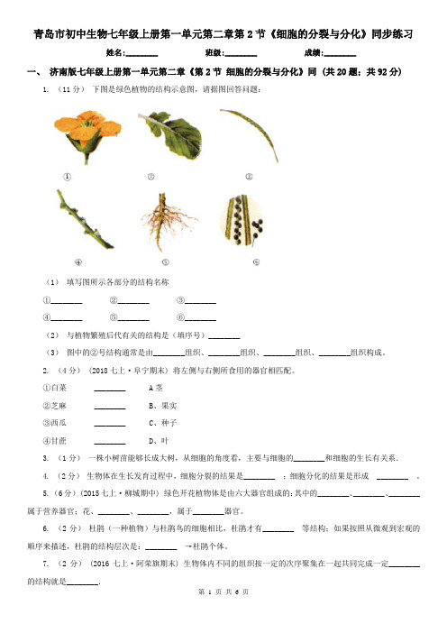 青岛市初中生物七年级上册第一单元第二章第2节《细胞的分裂与分化》同步练习