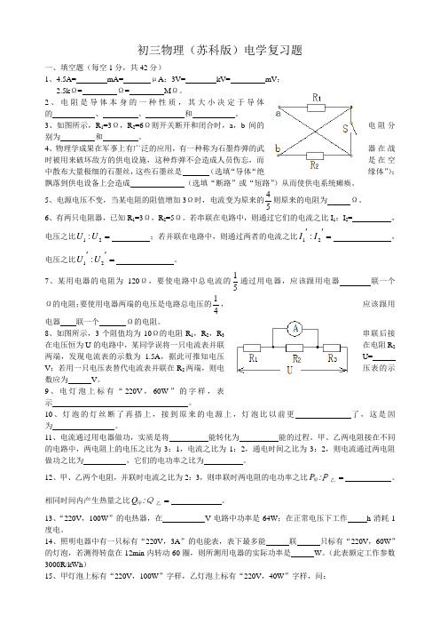 (苏教版)九年级物理电学复习试题及答案