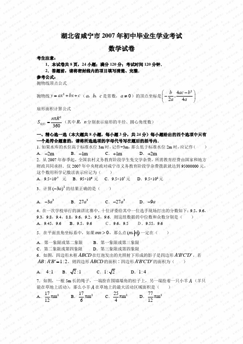 2007年湖北省咸宁市数学中考真题(word版含答案)