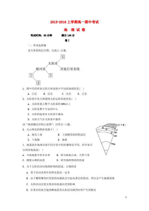 辽宁省大连市第二十高级中学2015-2016学年高一地理上学期期中试题