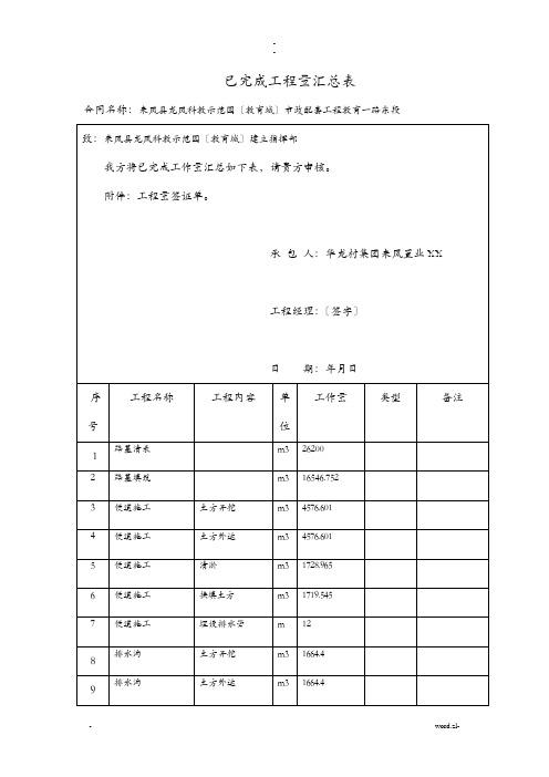 已完成工程量汇总表格模板