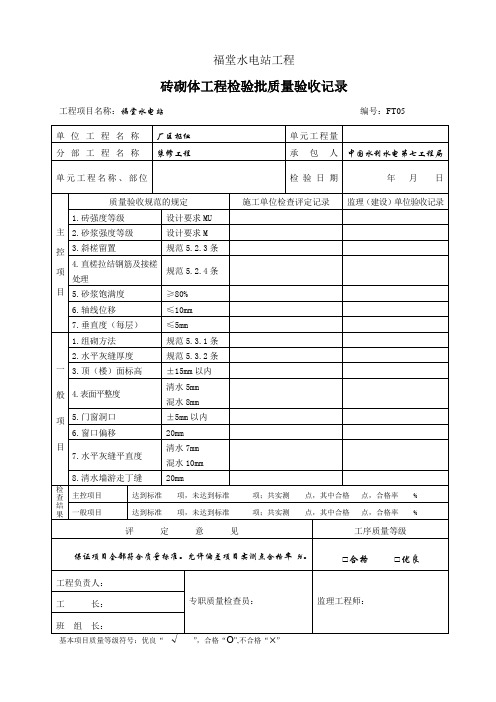 砖砌体工程检验批质量验收记录