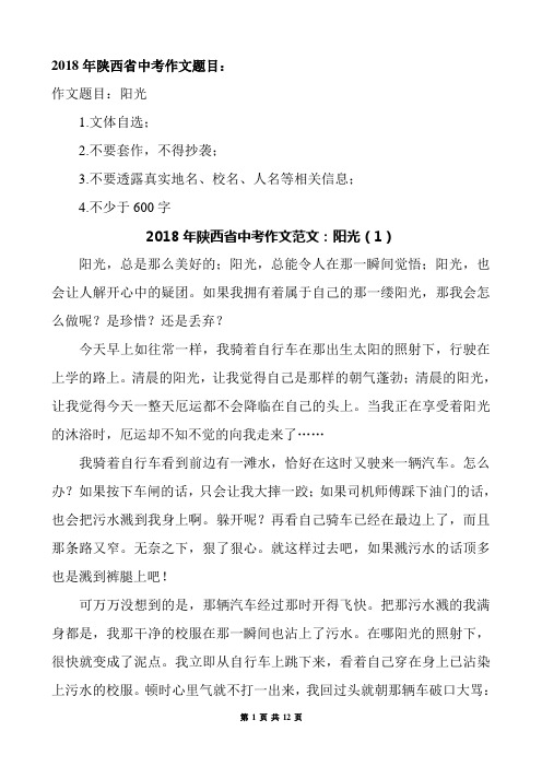 2018年陕西省中考满分作文欣赏