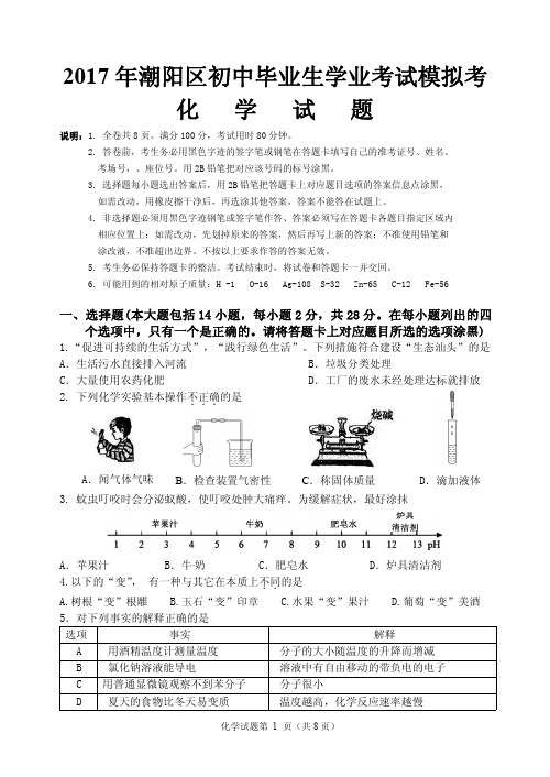 2017年潮阳区初中毕业生学业考试模拟考化学试题