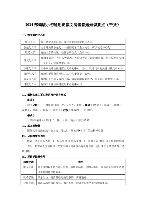 2024部编版小初通用记叙文阅读答题知识要点(干货)