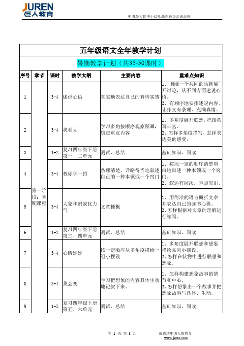 五年级语文教学大纲