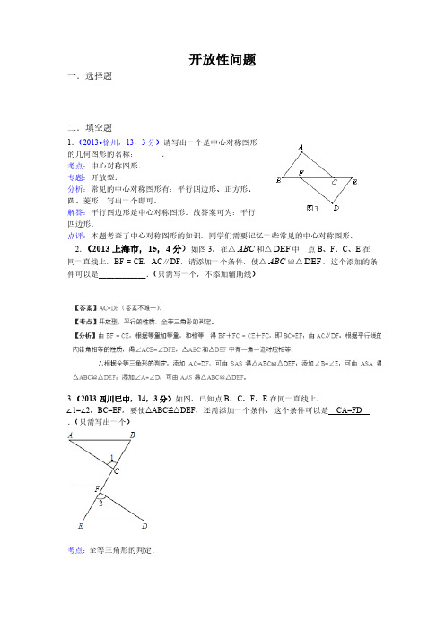 中考数学试卷分类汇编：开放性问题