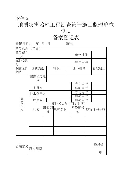 地质灾害治理工程勘查设计施工监理单位资质备案登记表