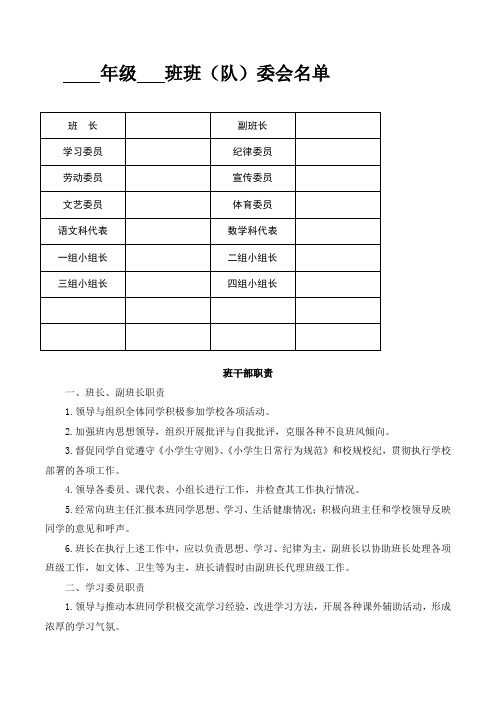 班委会名单及班干部职责