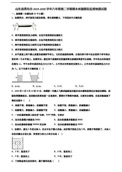 山东省青岛市2019-2020学年八年级第二学期期末质量跟踪监视物理试题含解析