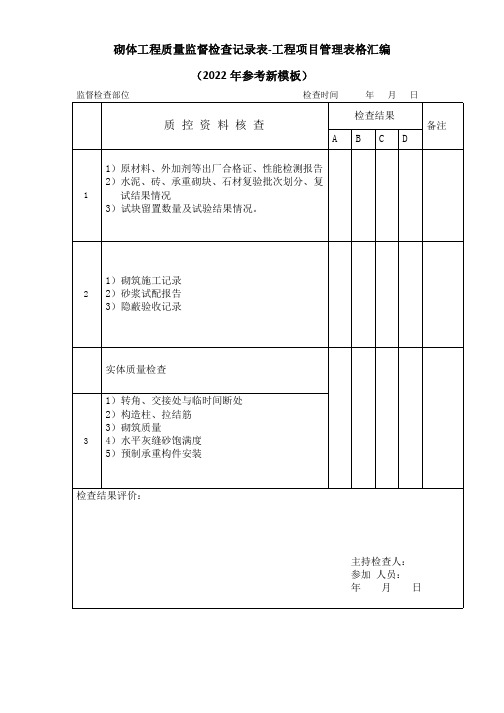 砌体工程质量监督检查记录表-工程项目管理表格汇编(2022年参考新模板)