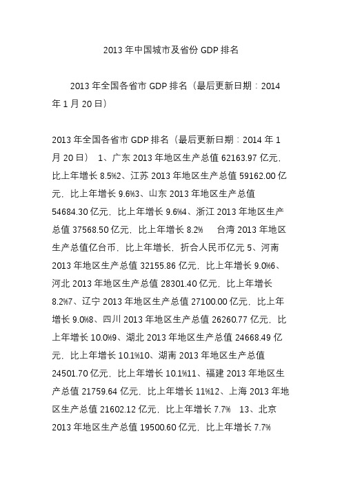 2013年中国城市及省份GDP排名