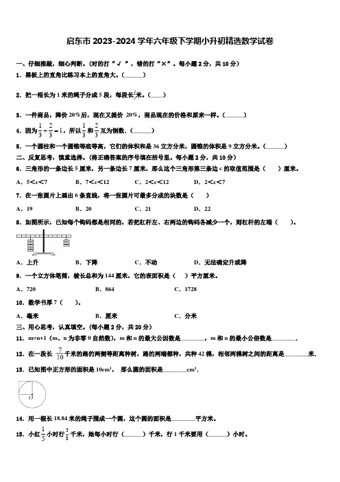 启东市2023-2024学年六年级下学期小升初数学试卷含解析