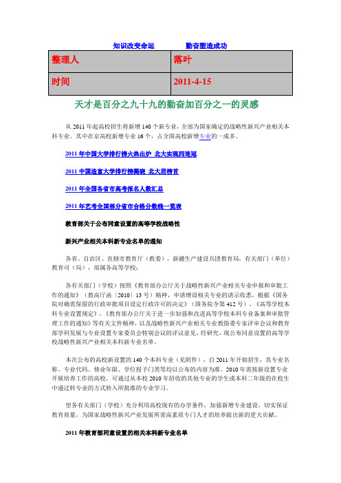 【行业资料】-必读：教育部2011年高考新增140个本科专业一览表