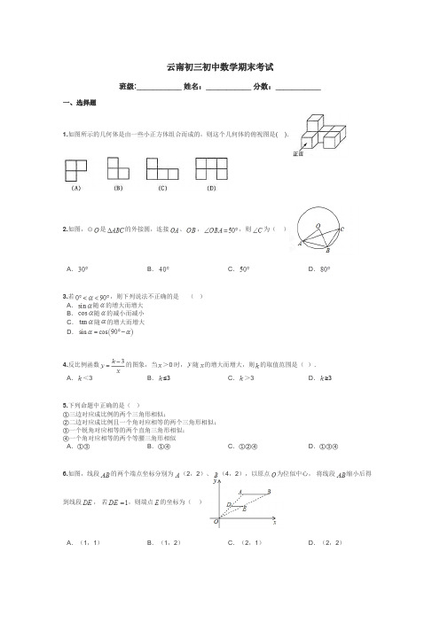 云南初三初中数学期末考试带答案解析
