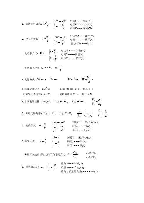 初中物理公式及单位换算