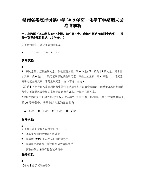 湖南省娄底市树德中学2019年高一化学下学期期末试卷含解析