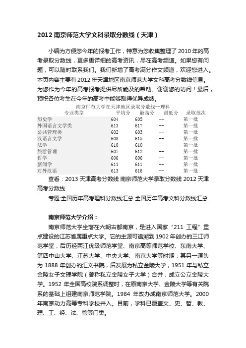 2012南京师范大学文科录取分数线（天津）