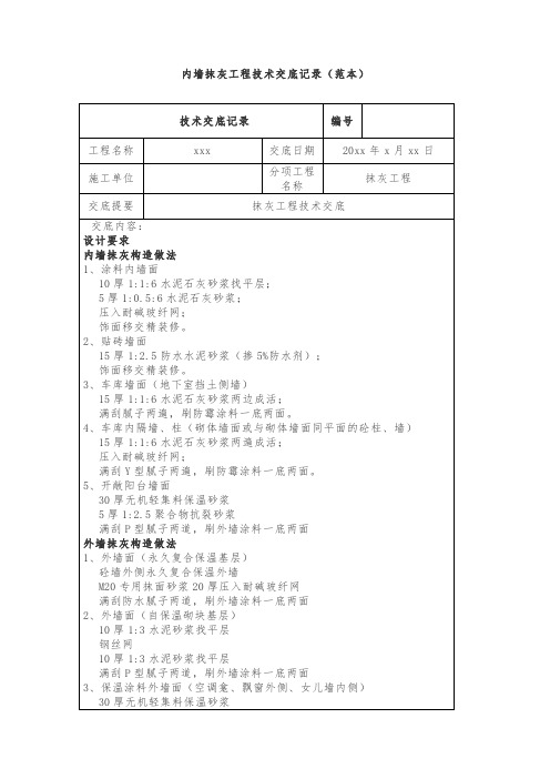 内墙抹灰工程技术交底记录(范本)