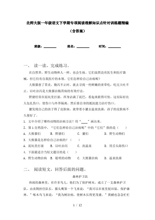 北师大版一年级语文下学期专项阅读理解知识点针对训练题精编(含答案)