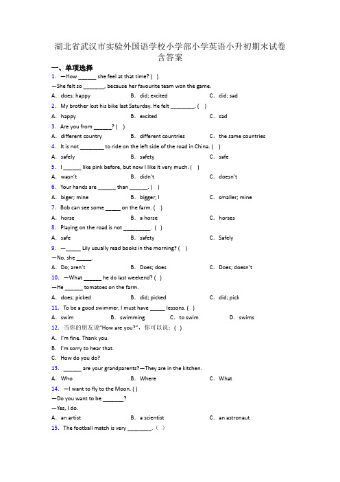 湖北省武汉市实验外国语学校小学部小学英语小升初期末试卷含答案