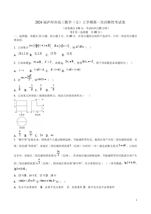 2024届泸州市高三数学(文)上学期第一次诊断性考试卷附答案解析