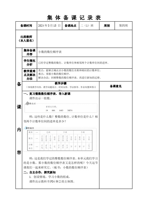 四年级《小数的数位顺序表》集体备课纪律表