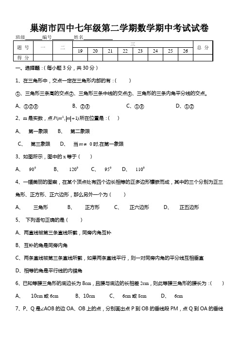 巢湖市四中七年级第二学期数学期中考试试卷