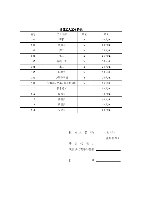 计日工人工单价表