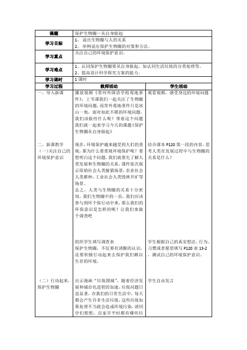 苏教版初中生物七年级下册教案-4.13.2 保护生物圈——从自身做起10