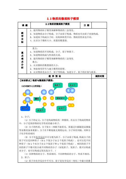 八年级科学下册 2.2 物质的微观粒子模型教案 (新版)浙教版