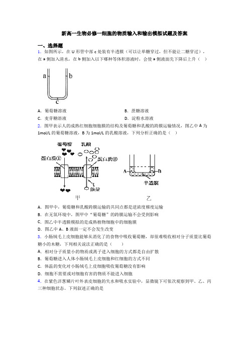 新高一生物必修一细胞的物质输入和输出模拟试题及答案