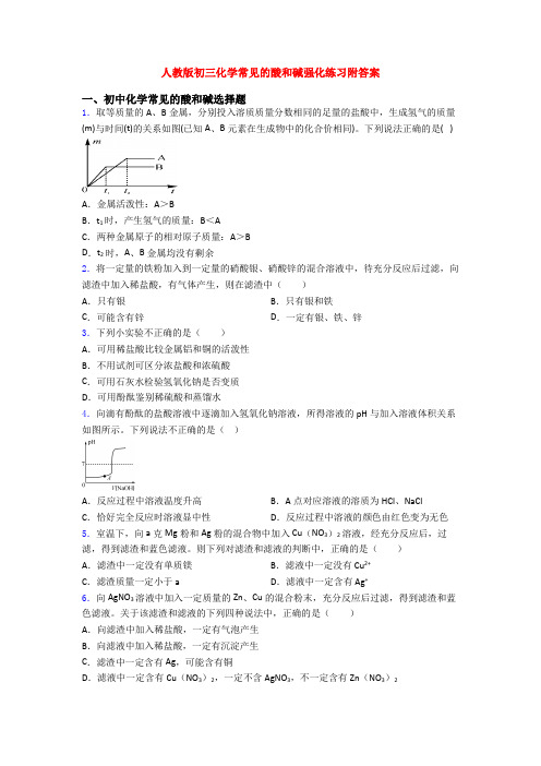 人教版初三化学常见的酸和碱强化练习附答案