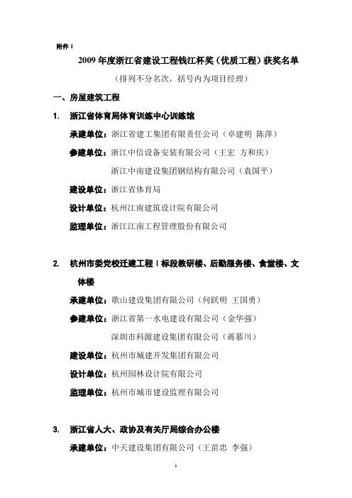 2009年度浙江省建设工程钱江杯奖(优质工程)获奖名单