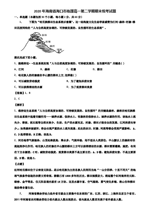 2020年海南省海口市地理高一第二学期期末统考试题含解析