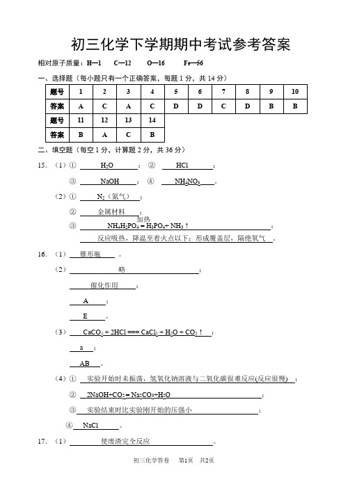 初三 第二学期 期中考试 化学 试卷2 答案