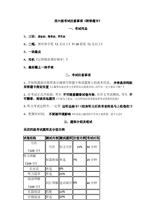 新版大学英语四六级答题卡及注意事项(推荐打印)